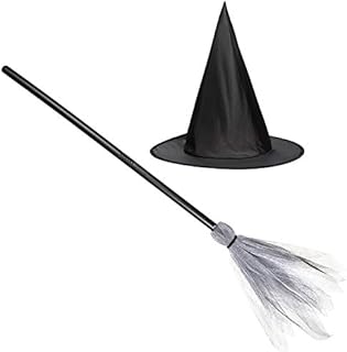 Children's Witch Hat and Broomstick - World Book Day and Halloween Kid's Fancy Dress / Costume Accessories / Party Props - Plastic Toy Broom Black Witch Hat Girls and Boys Witch Accessories