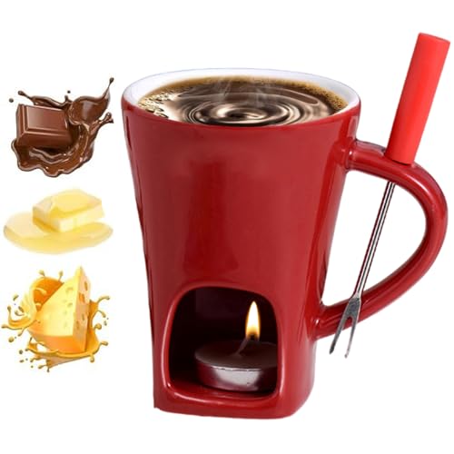 Chocolate Fondue Mug with Forks - 130ml Ceramic Chocolate Melting Cup, Butter Warmers Pot Set, Personal Cheese Melting Cup, Fondue Heated with A Tealight, Warmer Mug for Candy Snack Caramel Party