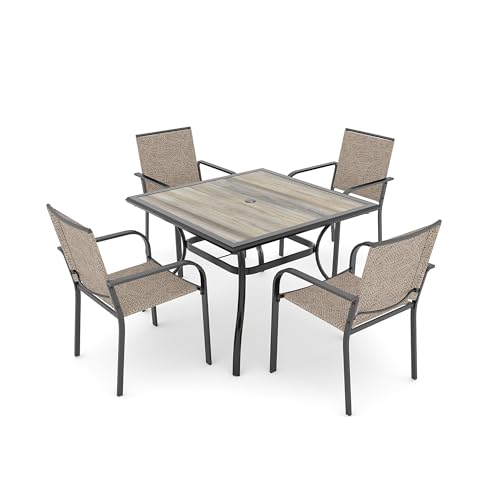 Image of Anmutig 5-Piece Outdoor Patio Dining Set 37 Inch Square Wooden-Like PVC Table with 4 Stackable Chairs for Garden Backyard White