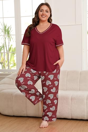 Image of Vozanet Women's Plus Size Pajama Sets Short Sleeve Long Pants Solid Color with Piping Trim Elegant Loungewear Cozy Sleepwear