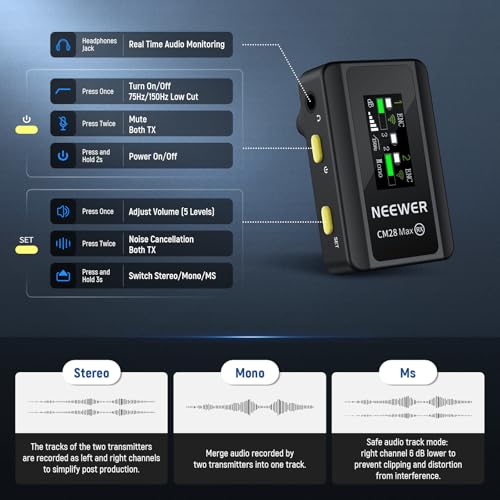 Image of NEEWER CM28 Max Wireless Lavalier Microphone System with Charging Case 48KHz /24Bit Lossless Float Recording Noise Cancellation 8GB Storage 25Hrs Battery 300m Range for iPhone iPad Android Camera PC