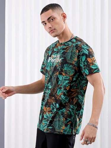 Image of The Indian Garage Co Men Slim Fit Tropical Print Round Neck Tshirt
