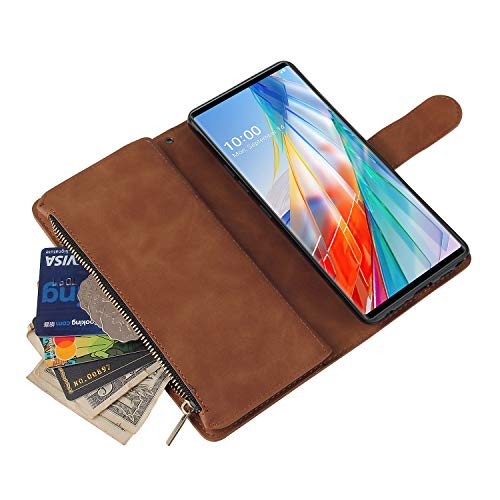 LBYZCASE Phone Case for LG Wing 5G(2020),LG Wing Wallet Case,Luxury Folio Flip Leather Cover[Zipper Pocket][Wrist Strap][Kickstand ][Magnetic Closure] for LG Wing (Brown)
