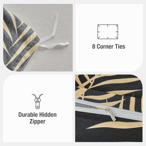 Image of Lekesky Queen Duvet Cover Set, Black and Gold Tropical Palm Leaf Pattern Comforter Cover Queen Size, 3 Pieces Soft Microfiber Bedding Sets with Zipper & 2 Pillowcases, Comforter Not Included