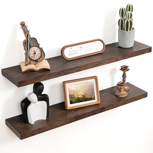 Image of Floating Shelves for Wall Decor, 8 Inch Deep Rustic Solid Elm Wood Floating Shelves Wall Mounted, Wall Shelves with Invisible Bracket for Living Room Bathroom Bedroom Kitchen, 36 Inch Set of 2, Walnut
