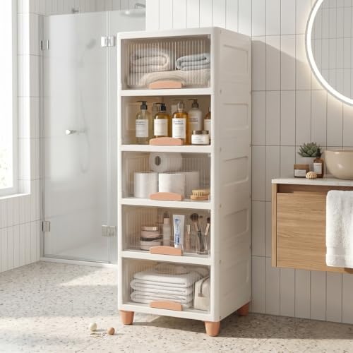 Image of Ash & Roh Multi-Layer Plastic Storage Cabinet with Transparent Flip Door | Space Saving Organizer for Kitchen, Bedroom, Office | Almirah for Clothes - Wardrobe Cabinet | (5-Tier White Box)