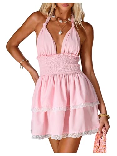 Image of MakeMeChic Women's Summer Mini Dress Floral Halter Ruffle Backless A Line Dresses Flowy Cami Vacation Sundress