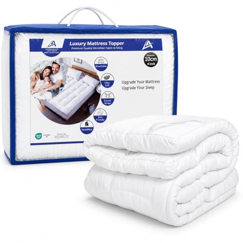 Image of 4AS Ultimate Deep Sleep 10cm Mattress Topper Double Bed - Luxury 4 Inch Extra Thick Mattress Topper with Easy Fit Straps - Hypoallergenic and Machine Washable, (Double – 137x190cm)
