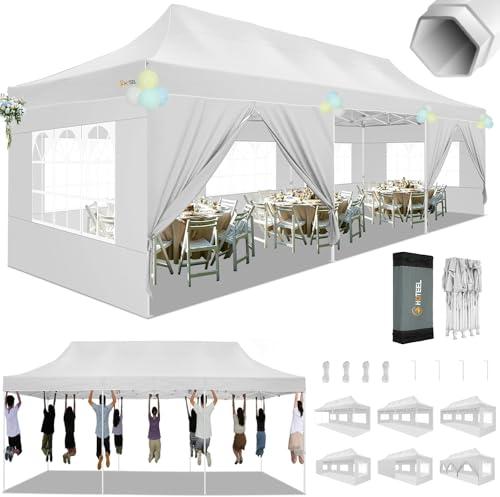 Image of HOTEEL 10x30 Heavy Duty Pop Up Canopy Tent with Sidewalls, Tents for Parties Commercial Party Tent Event Wedding Instant Canopy Waterproof with Carry Bag, UV 50+, Thicked Hexagonal Legs, White