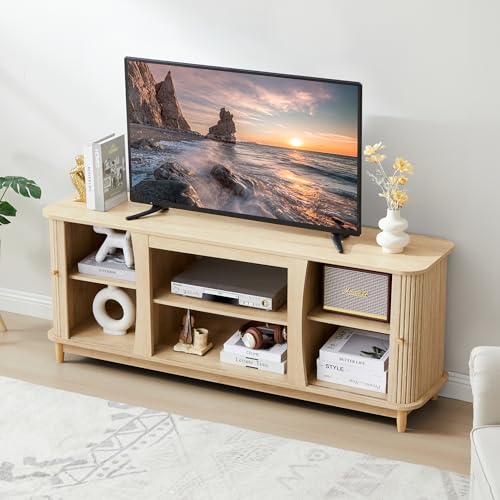 Image of TV Stand, Fluted Media Console Table with Storage and Sliding Door, Farmhouse Entertainment Center for Living Room, Home Office (Natural-No Fireplace)