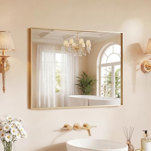 Image of Sweetcrispy Bathroom Mirrors for Over Sink, 22 inch x 30 inch Rectangle Wall Mount Mirror with Metal Frame, Modern Vanity Mirror with Tempered Glass, for Home Decor, Anti-Rust, Gold