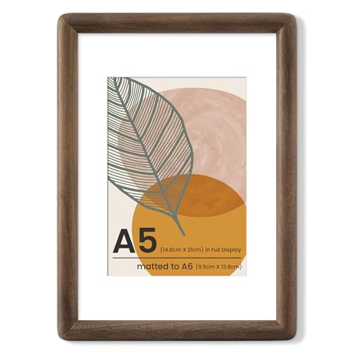 Axeman A5 ウォールナット材木製フォトフレーム、丸みを帯びた角、ほぞ組構造、A6サイズの写真用マット付き（フレーム外寸A5）、強化ガラス、卓上飾り対応