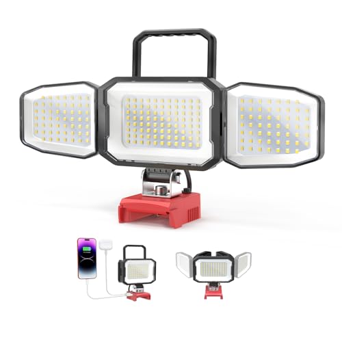 LED Work Light Compatible with Milwaukee 18V Battery 150W 15000LM Flood Light 6500K Daylight 3-Head Adjustable USB Type-C&2 Brightness Modes Portable Flashlight Job Site Light (Tool Only)