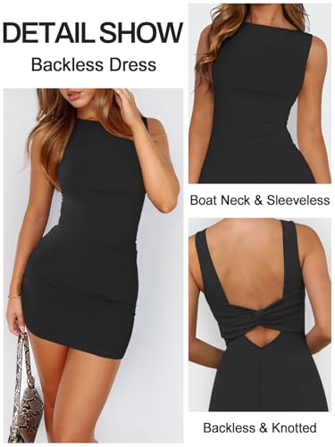 Women's Boat Neck Dresses Backless Knotted Casual Summer Beach Club Party Wedding Guest Bodycon Mini Dress3