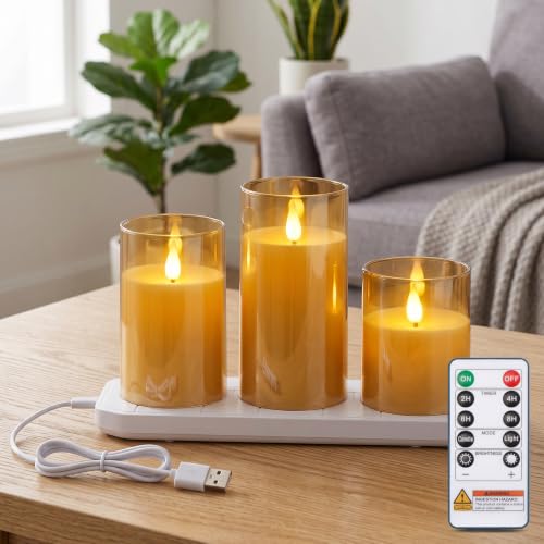 Image of Homemory Amber Rechargeable Flameless Candles with Remote Timer, Set of 3