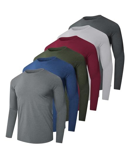 Kinglaman 6 Pack Men Dry Fit Workout Long Sleeve Athletic Gym UPF 50+ SPF UV Sun Protection Quick Dry Lightweight Shirts 1 Black 1 Drak Gray 1 Light Gray 1 Blue 1 Wine Red 1 Army Green Large