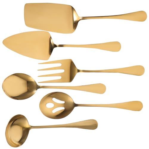 HYTROVE Juego de Cubiertos para Servir en Eventos Acero Inoxidable Dorado Juego Reutilizable de 6 Piezas Cucharas Tenedores y Espátula para Cocina y Restaurante Utensilios Prácticos