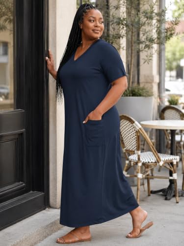 Image of Plus Size Maxi Dress for Women Short Sleeve V Neck Casual Loose Sundress with Pockets