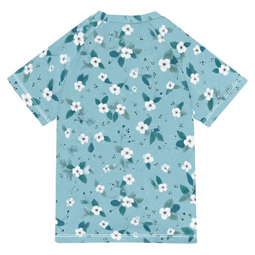 ALAZA Kids Rash Guard Girls Toddler Swim Shirts Short Sleeve Blue White Floral Cute UPF 50+ 3T2