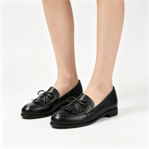 Image of LEMUTISME Women Tassel Bow Penny Loafers Slip On Low Flat Heel Dress Shoes