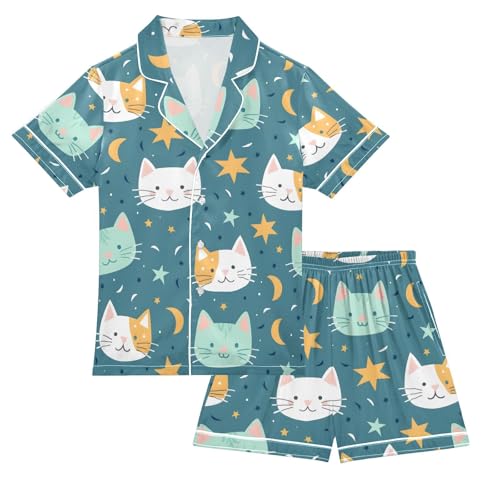 ALAZA Cute Cat Star Moon Pajamas Satin Pajama Set Short Sleeve Button Down Sleepwear