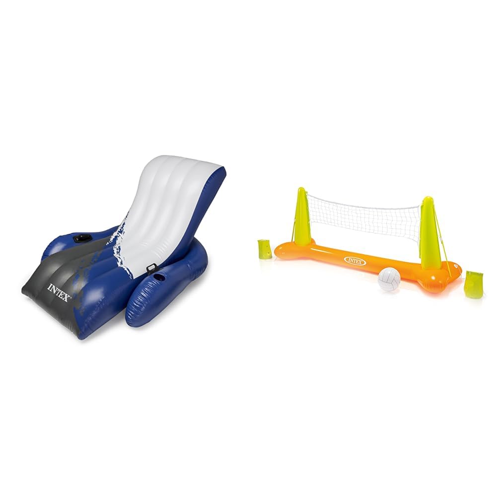 Intex Floating Recliner Lounge - Aufblasbarer Badelounge, Mehrfarbig, 180 x 135 cm & Pool Volleybal Game - Aufblasbares Wasserballspiel - Volleyballnetz - 239 x 64 x 91 cm