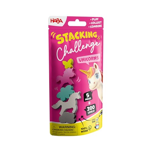 HABA 2013866001 - Stacking Challenge Unicorns, Juego Infantil con retos de apilar, Solitario, de Viaje. Más 6 años