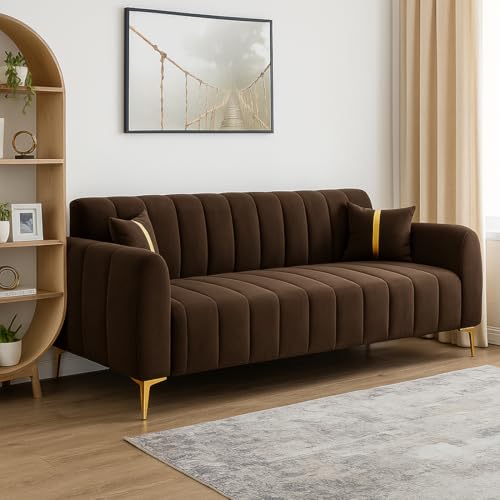 Image of FURNY Harmony 3 Seater Velvet Fabric Sofa Set (Brown) with Golden Finish Legs | Durable & Comfortable | Ideal for Living Room