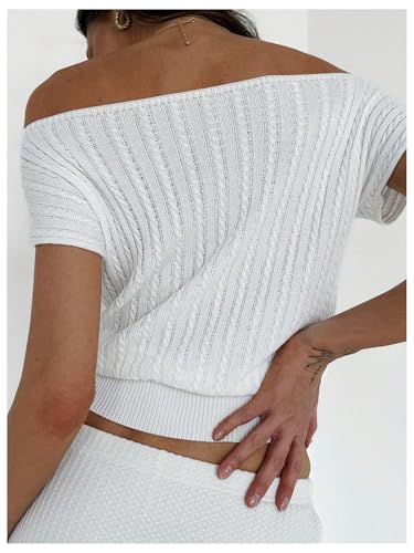 WDIRARA Women's Off Shoulder Textured Short Sleeve Fitted Waist Knitted Top3