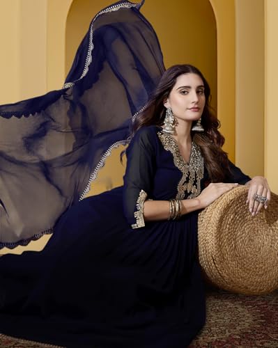 Image of Amazon Brand - Tavasya Women Poly Georgette Zari Sequence Embroidered Kurta with Pant and Dupatta | Salwar Suit | Kurta Set
