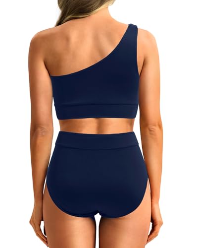 Image of Holipick Women One Shoulder High Waisted Bikini Sets Two Piece Swimsuit Tummy Control Bathing Suit Full Coverage Swimwear