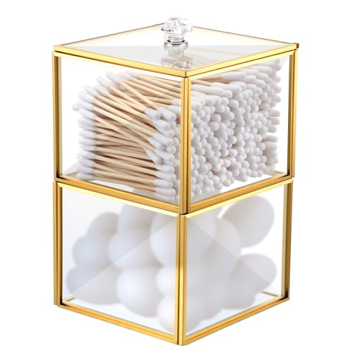 Glass Qtip Holder with Lid, 2-Tier Stackable Bathroom Organizer for Cotton Balls & Swabs, Elegant Vanity Storage Jar (3.94