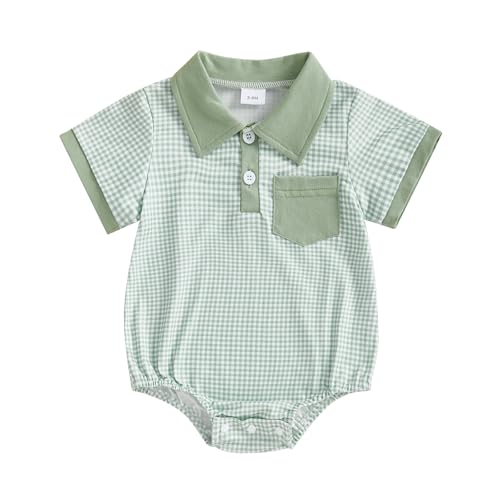 Image of Demdzq Newborn Baby Boy Summer Clothes Short Sleeve Lapel Button Romper Up Loose Fit Plaid Jumpsuit Infant Baby Boy Outfit (Cute Green, 6-12 Months)