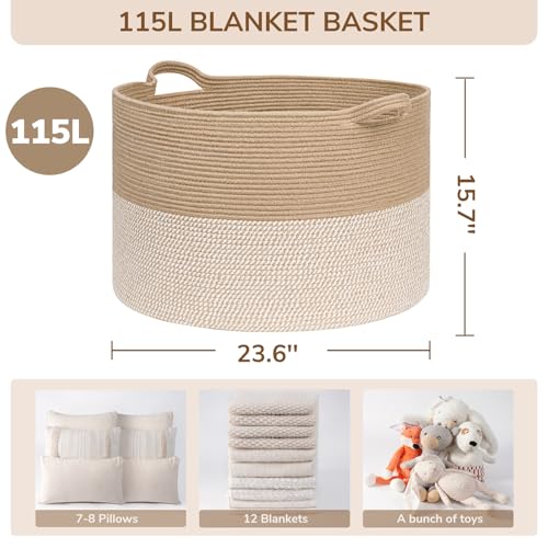 Image of INDRESSME 115L Extra Large Woven Baskets for Storage, Wicker Basket for Living Room Decor Laundry Baskets for Blankets Clothes Pillows Towel Shoe Basket for Entryway, White & Jute