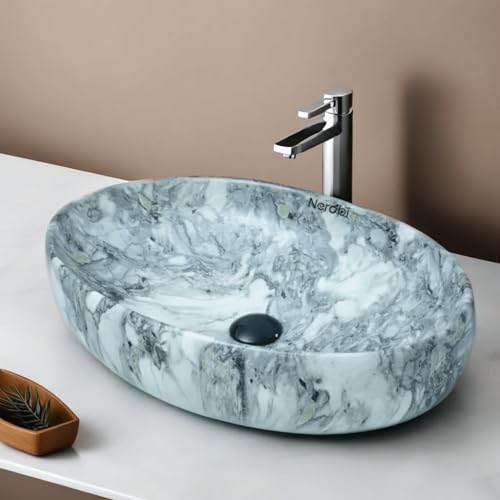 Image of Designer Counter Top Wash Basin | Tabletop Ceramic Bathroom Sink | Wash Basin Over Counter | Wash Basin For Bathroom, Living Room (24 x 15 x 6 Inch) (Designer Grey)