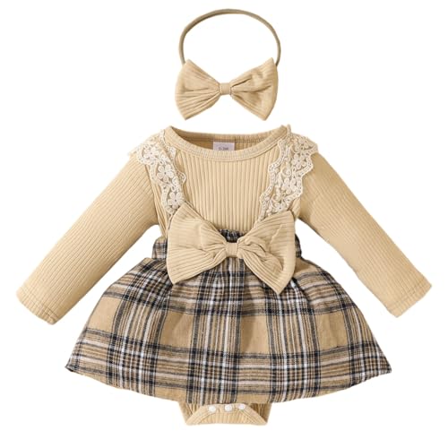 HEOXIN Conjuntos Ropa para Bebés Niña, Ruffle Manga Larga Ropa Bebé, Recien Nacido Body Bebe Vestido a Cuadros y Diadema con Lazo Conjunto de Ropa, Disfraz Bebe para 3-6 Meses, Albaricoque