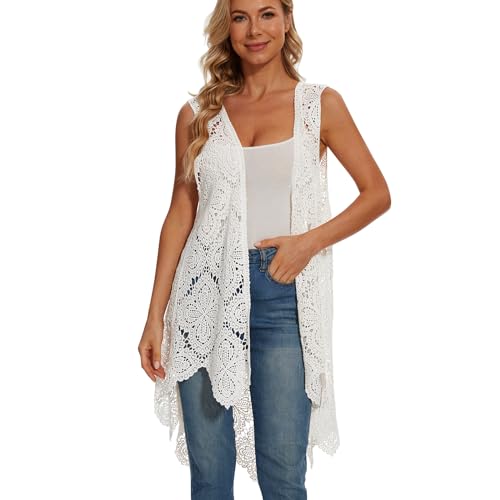 Smdppwdbb Women'S Crochet Boho Lace Floral Vest Boho Sleeveless Kimono Irregular Hem Cardigan White thumb #4