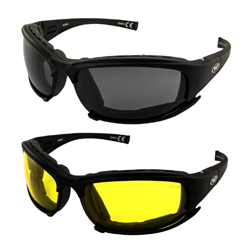 Global Vision Assault Motorcycle Sunglasses Safety Glasses ANSI Z87.1 Convertible to Goggles 2 Pairs Black Frame w/Smoke & Yellow Lenses