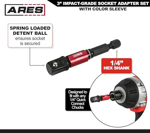 Image of ARES 22011 3-Pc 3-In Impact Socket Adapter Set - 1 /4, 3 /8, 1 /2-In Drive | Color Sleeve; Turns Power Drill into High-Speed Nut Driver