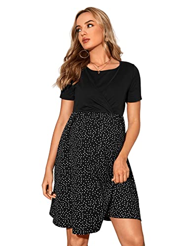 Verdusa Women's Casual Maternity Dress Round Neck Short Sleeve Polka Dot Combo Midi Dress Pregnancy Dress Black M #TOP6
