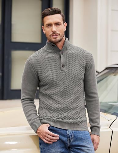 COOFANDY Mens Quarter Button Sweater Turtleneck Pullover Sweater Cable Knit Henley Mock Neck Sweater4