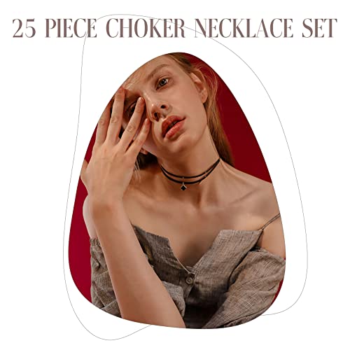 Foto von Gothic Choker-Set Halsketten 25 Stück Tattoo-Kette Schmuck-Set für Damen - Schwarzer Klassischer Velvet Kragen, Länge Einstellbare