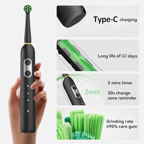 Image of Rechargeable Electric Toothbrush for Men & Women, Sonic Oscillating Toothbrush with 3 Brush Head, 3 Cleaning Modes, IPx8 Waterproof Design, Rotating Electric Toothbrush (Black)