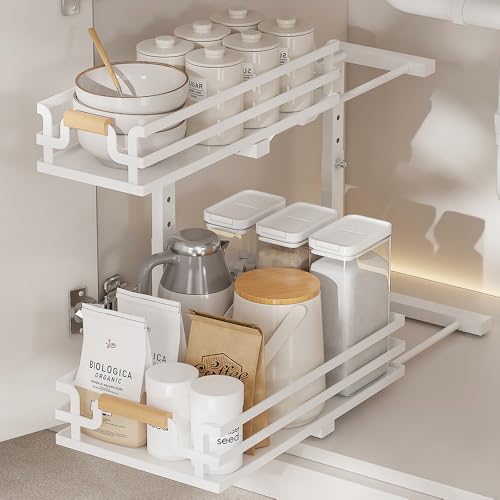 DREMAK Under Sink Organizer, Kitchen Bathroom Under Cabinet Organizer, 2 Tier Slide Pull Out Pantry Kitchen Bathroom Organizers and Storage, Laundry Room Organization and Storage