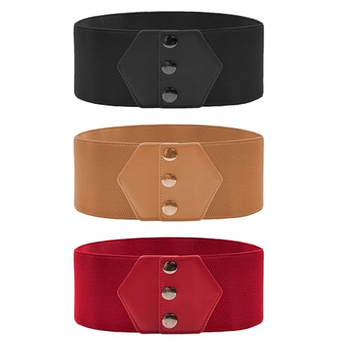 itechpanda 3 packs Snap-Button Corset Belt Wide Elastic Belts for Daily Dress Coat Collocation, Stretchy Elastic Belt for Dress Waistband Red