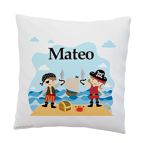 Cojín Piratas. Personalizado 40x40 cm, incluye relleno. Decoración Habitación infantil. Almohadón Colegio Guardería. VUELTA AL COLE