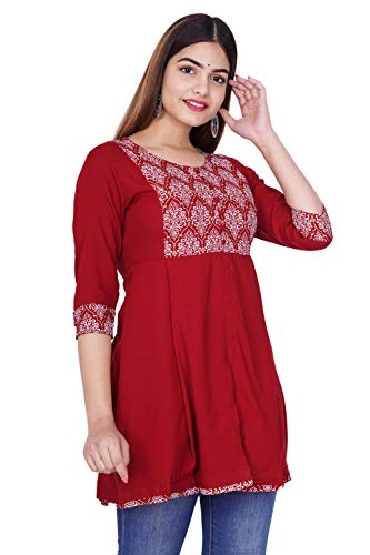 Image of Rayon Shiva Fab Women'S Casual 3 /4 Sleeve Printed Women Top, Casual Tunic Tops Tees For Girls For Office Wear, Casual Wear (Medium, Red Silver)