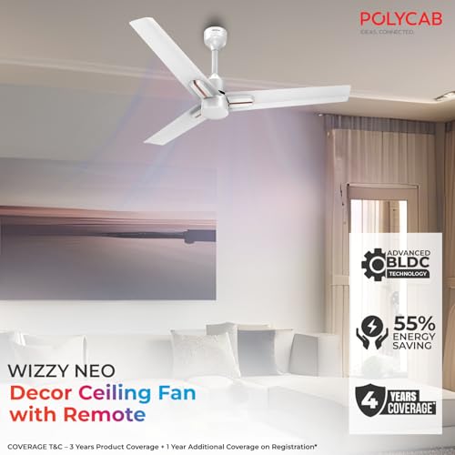 Image of Polycab Wizzy Neo 1200mm 5-Star BLDC, Remote Ceiling fan for Living Room| 55% Energy Saving, 100% Copper, High Air Delivery, 6 Speed Setting, Free Installation | 4-yr Warranty【White Rosegold】