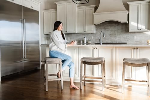 Image of Maven Lane Adrien Backless Counter Stool - 26 Inches - Saddle Stool with Footrest - Brown Solid Wood Frame & Grey Fabric Upholstery - Perfect for Kitchen Islands & Counters