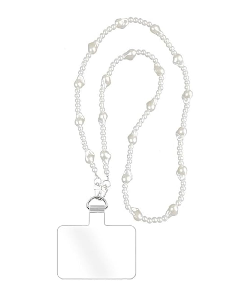 pearl phone crossbody chain – 47 inch | cell phone lanyard with tether patch | universal acrylic beaded shoulder strap for mobile, handbag and purse (white pearl)
